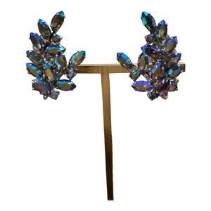 Sherman Blue Rhinestone Clip Earrings Vintage Iridescent